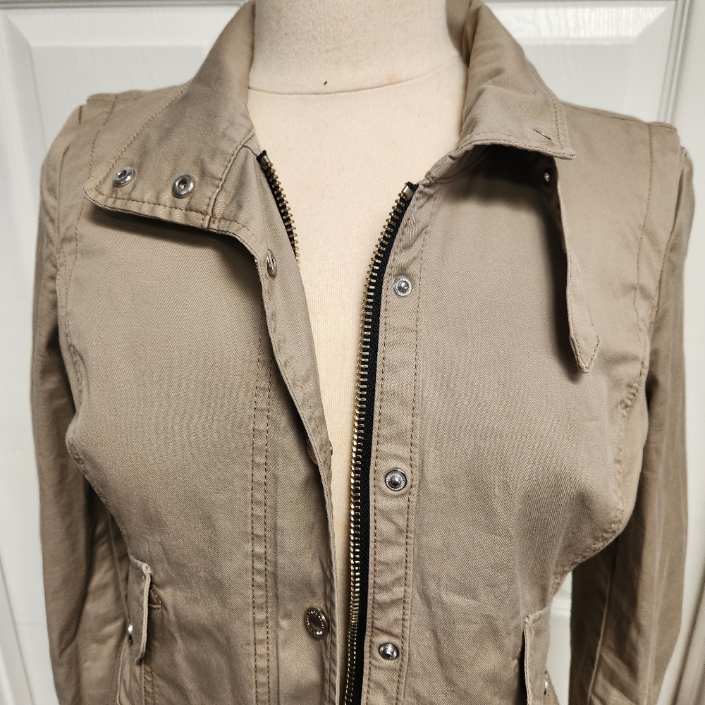 Taupe Fitted Buckle Collar Utility Jacket from White House Black Market. - Picture 3 of 15
